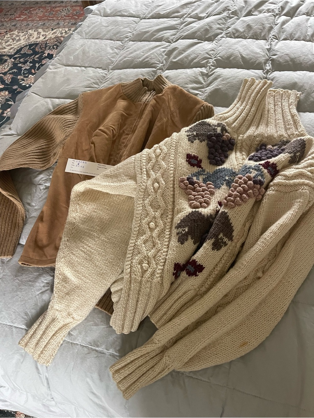 Cream Cable-Knit Turtleneck Sweater with Floral Embellishment, and knit cardigan